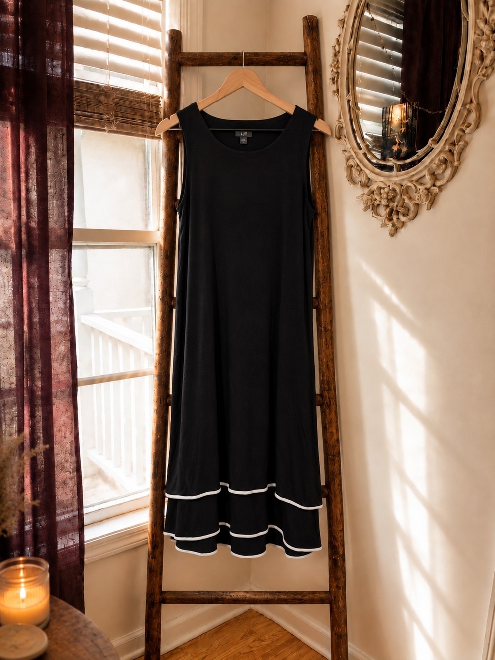 Black Sleeveless Tiered Dress White Piping Ruffle Hem